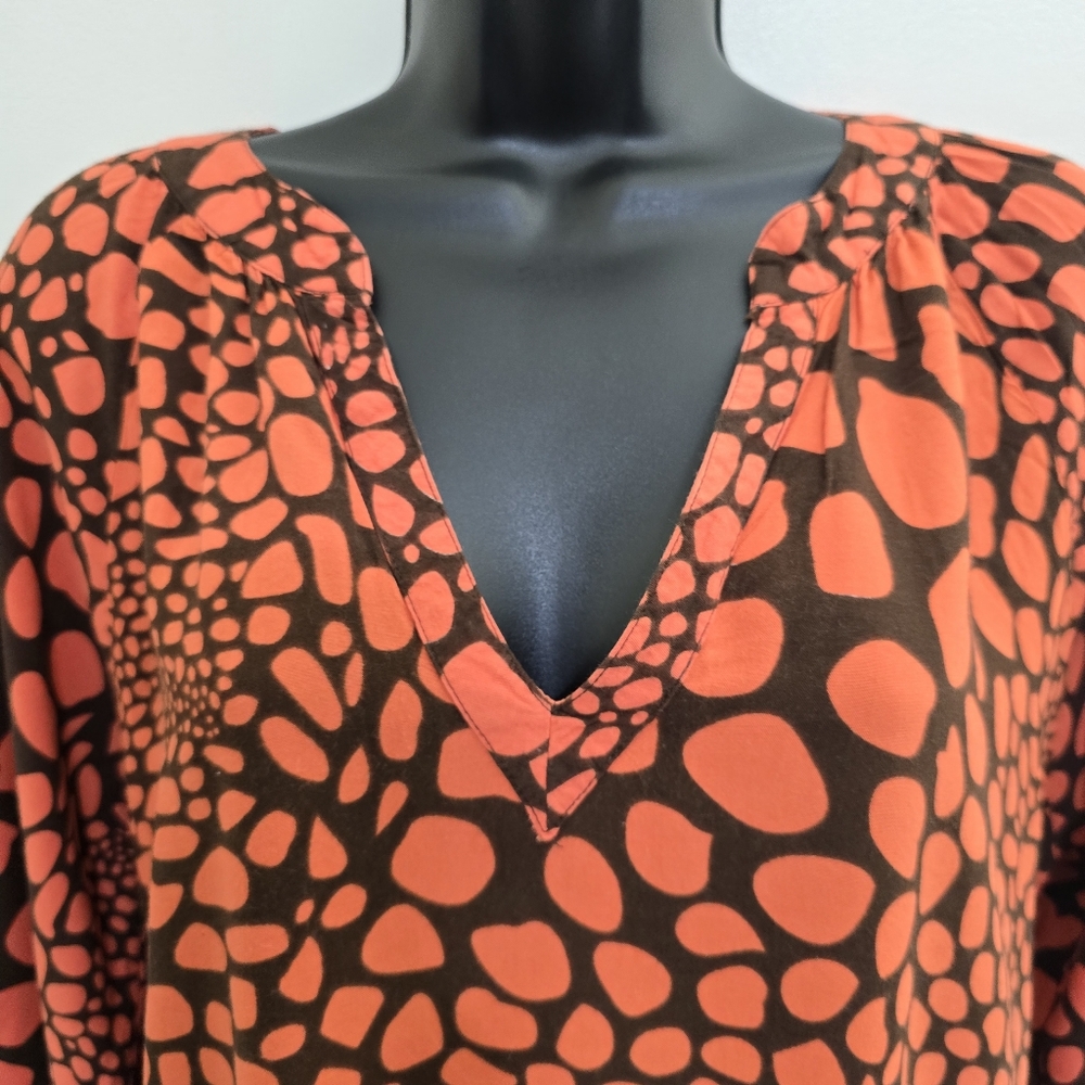 ESCAPADA size Small V Neck Soft Rayon Animal Print Casual Tunic Orange Brown - Picture 4 of 14